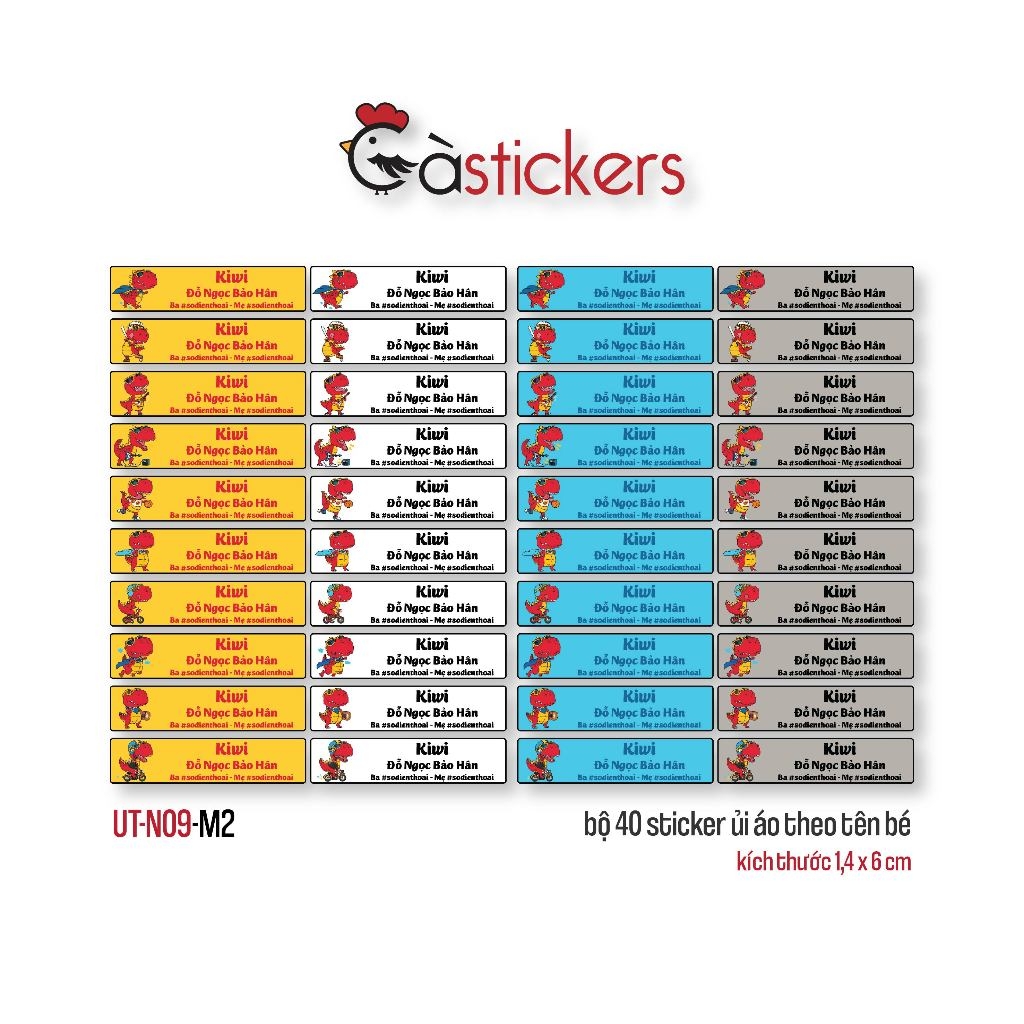 Sticker ủi áo in tên trẻ em GaStickers UT-N09- bộ 40 miếng kích thước 1,4 x 6 cm