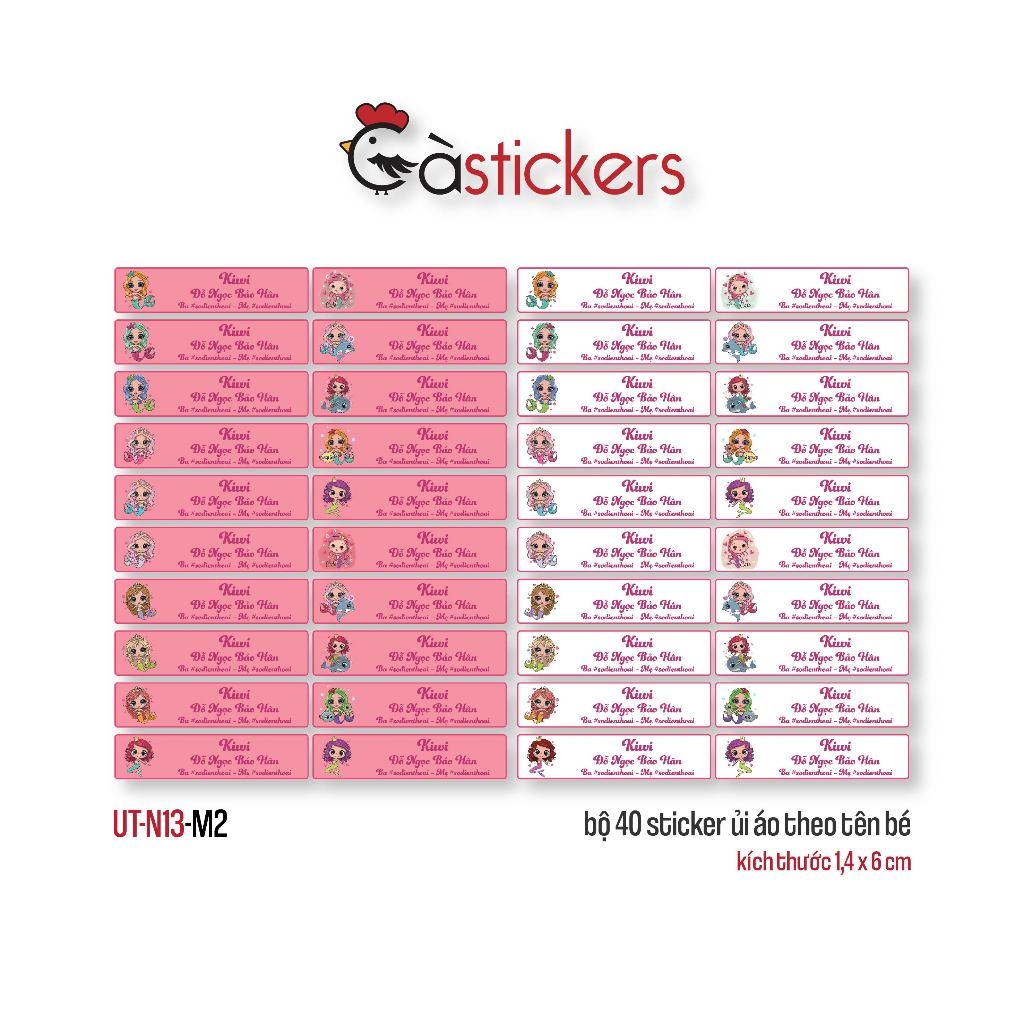 Sticker ủi áo in tên trẻ em GaStickers UT-N13- bộ 40 miếng kích thước 1,4 x 6 cm
