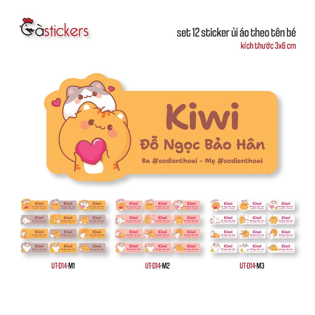 Sticker ủi áo in tên trẻ em GaStickers UT-D14- bộ 12 miếng kích thước 3 x 6 cm