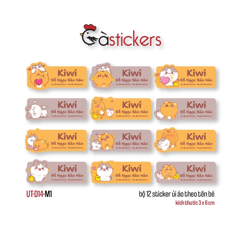 Sticker ủi áo in tên trẻ em GaStickers UT-D14- bộ 12 miếng kích thước 3 x 6 cm