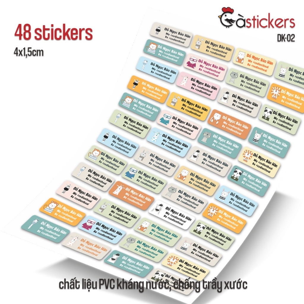 Sticker dán in tên trẻ em GaStickers DK bộ 48 miếng size 4 x 1,5 cm