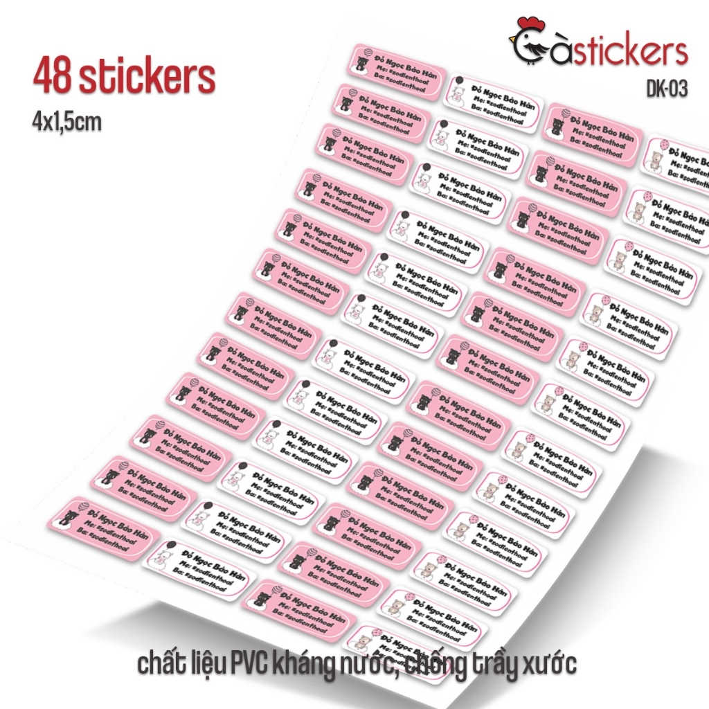Sticker dán in tên trẻ em GaStickers DK bộ 48 miếng size 4 x 1,5 cm