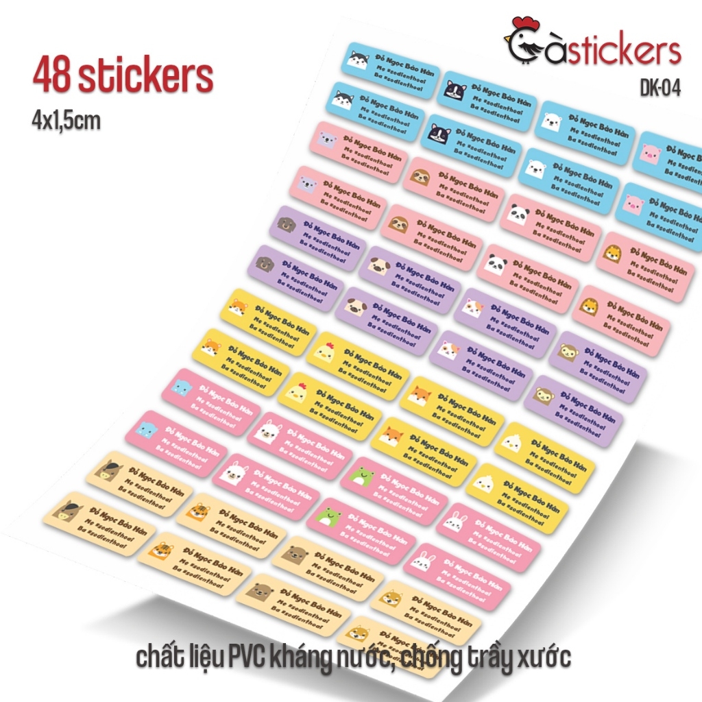 Sticker dán in tên trẻ em GaStickers DK bộ 48 miếng size 4 x 1,5 cm