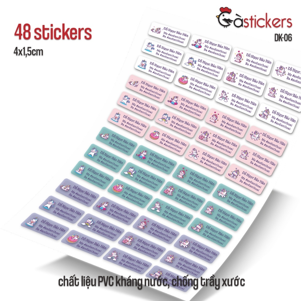 Sticker dán in tên trẻ em GaStickers DK bộ 48 miếng size 4 x 1,5 cm
