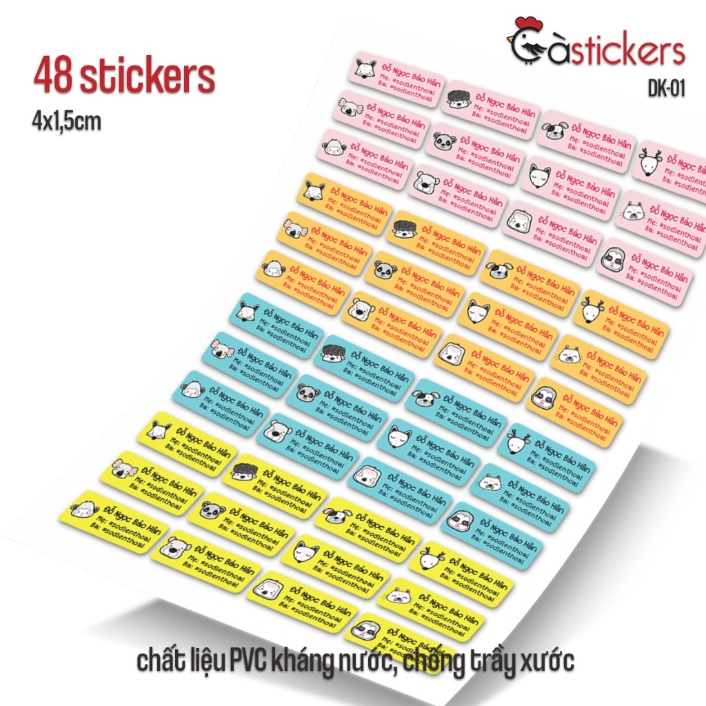 Sticker dán in tên trẻ em GaStickers DK bộ 48 miếng size 4 x 1,5 cm