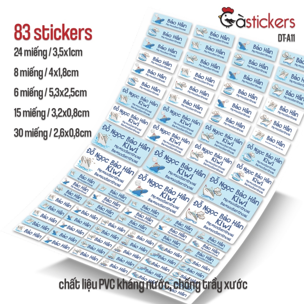Bộ 83 sticker dán in tên bé - dán đồ dùng cá nhân cho bé mẫu giáo, mầm non, tiểu học - sticker dán độ bền cao kháng nước