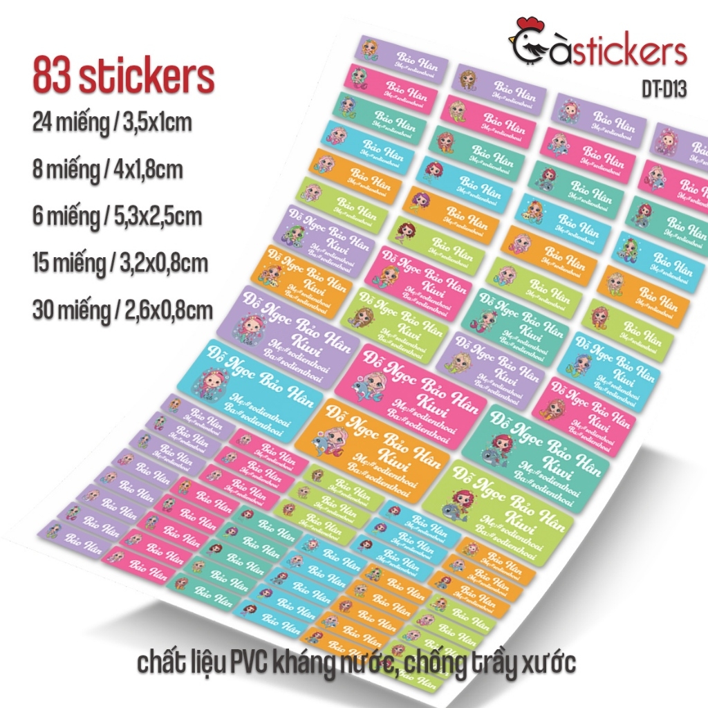 Bộ 83 sticker dán in tên bé - dán đồ dùng cá nhân cho bé mẫu giáo, mầm non, tiểu học - sticker dán độ bền cao kháng nước