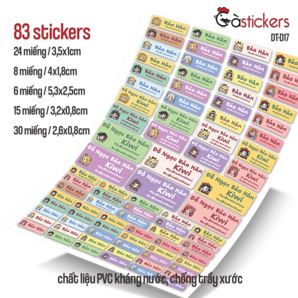 Bộ 83 sticker dán in tên bé - dán đồ dùng cá nhân cho bé mẫu giáo, mầm non, tiểu học - sticker dán độ bền cao kháng nước