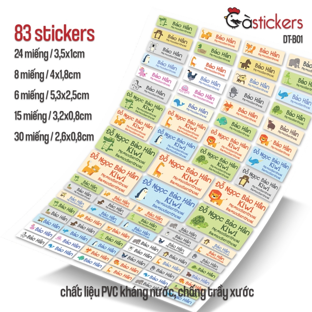 Bộ 83 sticker dán in tên bé - dán đồ dùng cá nhân cho bé mẫu giáo, mầm non, tiểu học - sticker dán độ bền cao kháng nước