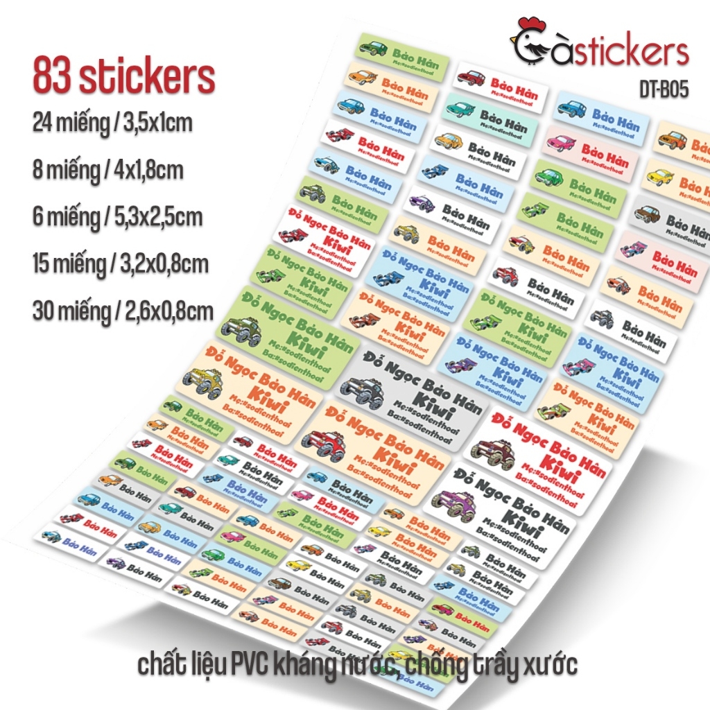 Bộ 83 sticker dán in tên bé - dán đồ dùng cá nhân cho bé mẫu giáo, mầm non, tiểu học - sticker dán độ bền cao kháng nước