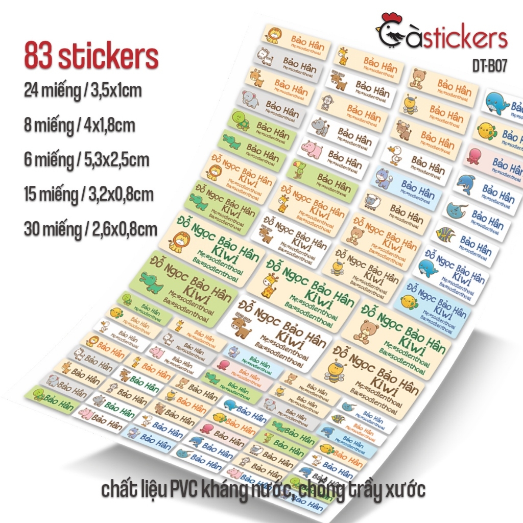 Bộ 83 sticker dán in tên bé - dán đồ dùng cá nhân cho bé mẫu giáo, mầm non, tiểu học - sticker dán độ bền cao kháng nước
