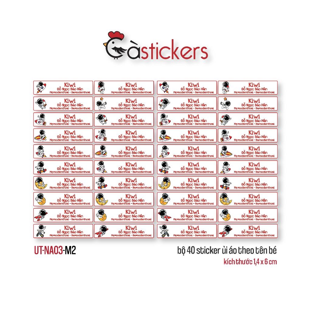 Sticker ủi áo in tên trẻ em GaStickers UT-NA03- bộ 40 miếng kích thước 1,4 x 6 cm