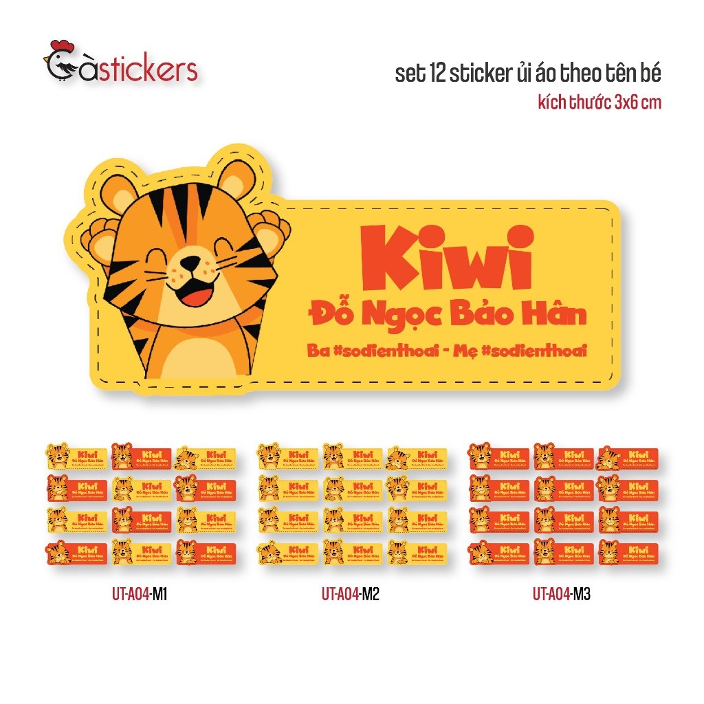 Sticker ủi áo in tên trẻ em GaStickers UT-A04 bộ 12 miếng kích thước 3 x 6 cm
