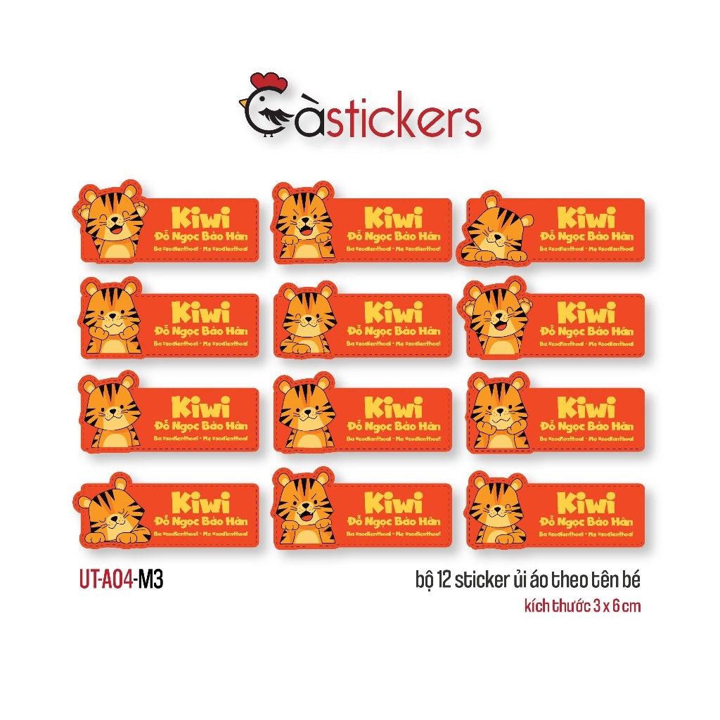 Sticker ủi áo in tên trẻ em GaStickers UT-A04 bộ 12 miếng kích thước 3 x 6 cm