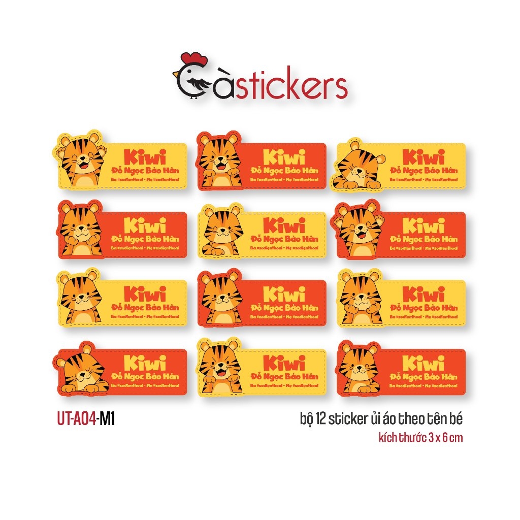 Sticker ủi áo in tên trẻ em GaStickers UT-A04 bộ 12 miếng kích thước 3 x 6 cm