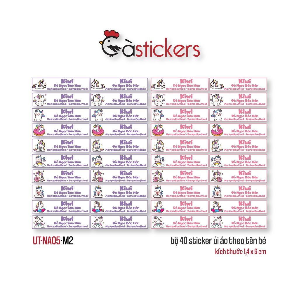 Sticker ủi áo in tên trẻ em GaStickers UT-NA05- bộ 40 miếng kích thước 1,4 x 6 cm