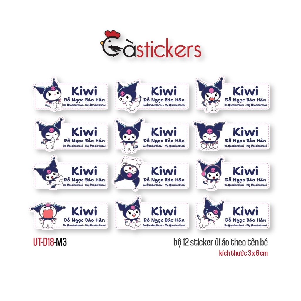 Sticker ủi áo in tên trẻ em GaStickers UT-D18- bộ 12 miếng kích thước 3 x 6 cm