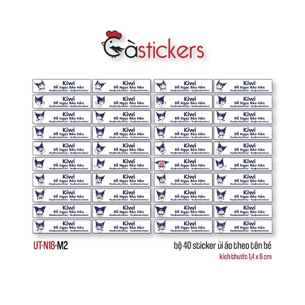 Sticker ủi áo in tên trẻ em GaStickers UT-N18- bộ 40 miếng kích thước 1,4 x 6 cm