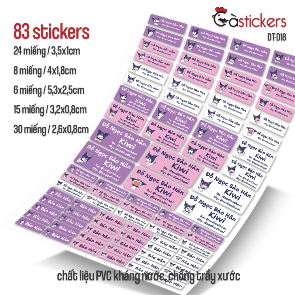 Bộ 83 sticker dán in tên bé - dán đồ dùng cá nhân cho bé mẫu giáo, mầm non, tiểu học - sticker dán độ bền cao kháng nước