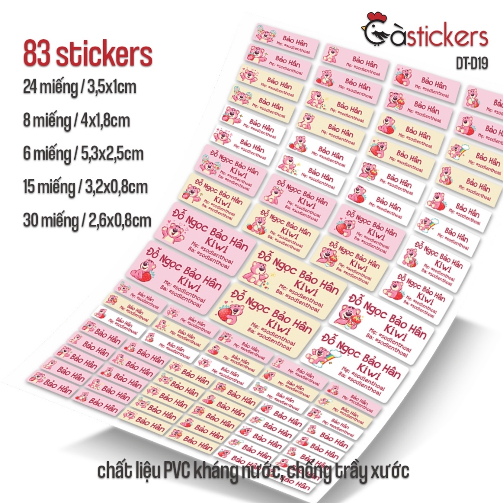 Bộ 83 sticker dán in tên bé - dán đồ dùng cá nhân cho bé mẫu giáo, mầm non, tiểu học - sticker dán độ bền cao kháng nước