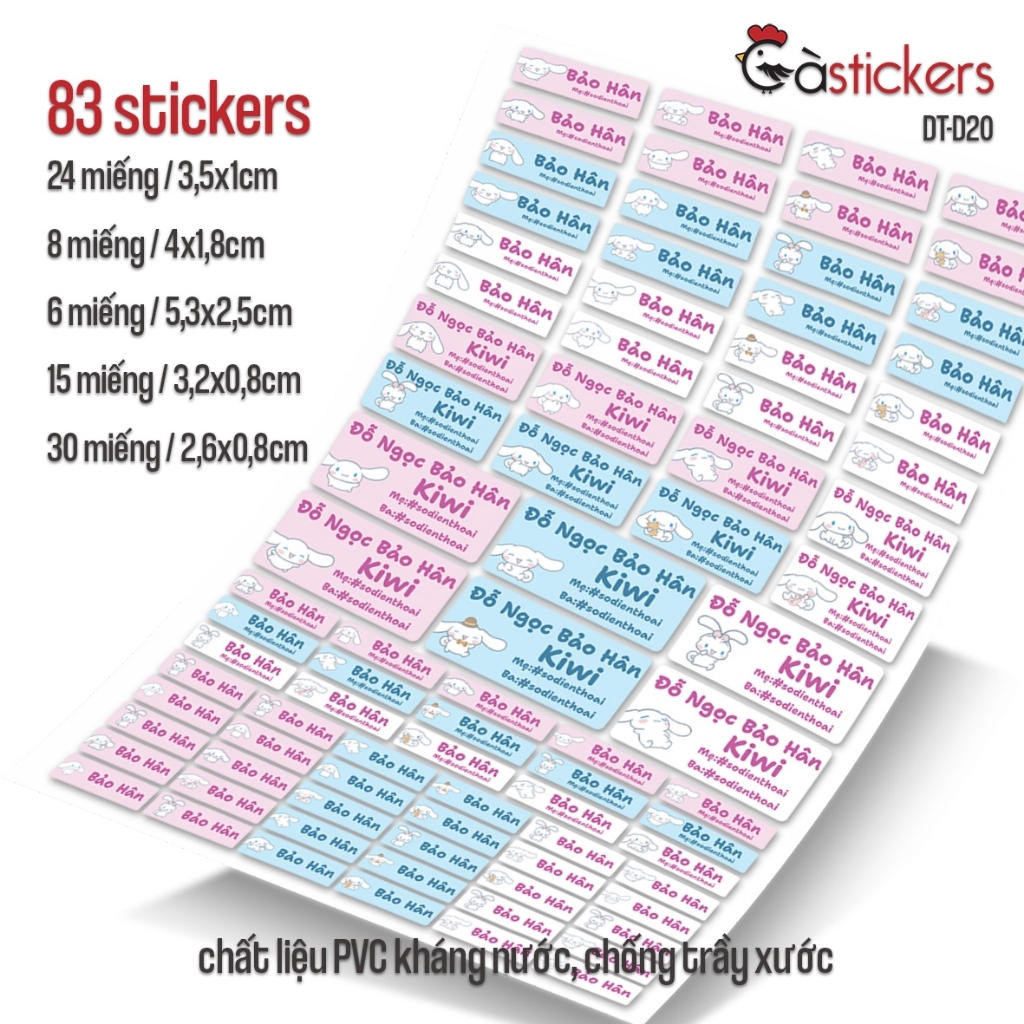 Bộ 83 sticker dán in tên bé - dán đồ dùng cá nhân cho bé mẫu giáo, mầm non, tiểu học - sticker dán độ bền cao kháng nước
