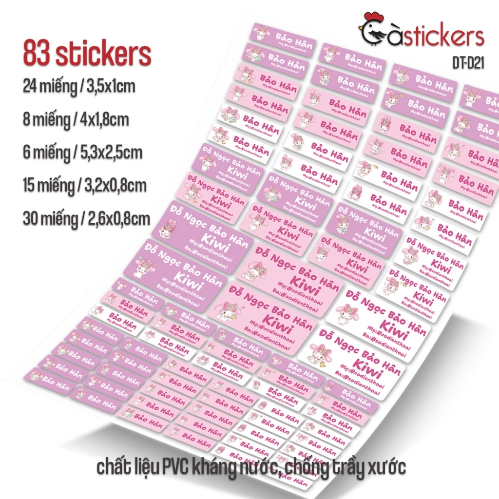 Bộ 83 sticker dán in tên bé - dán đồ dùng cá nhân cho bé mẫu giáo, mầm non, tiểu học - sticker dán độ bền cao kháng nước
