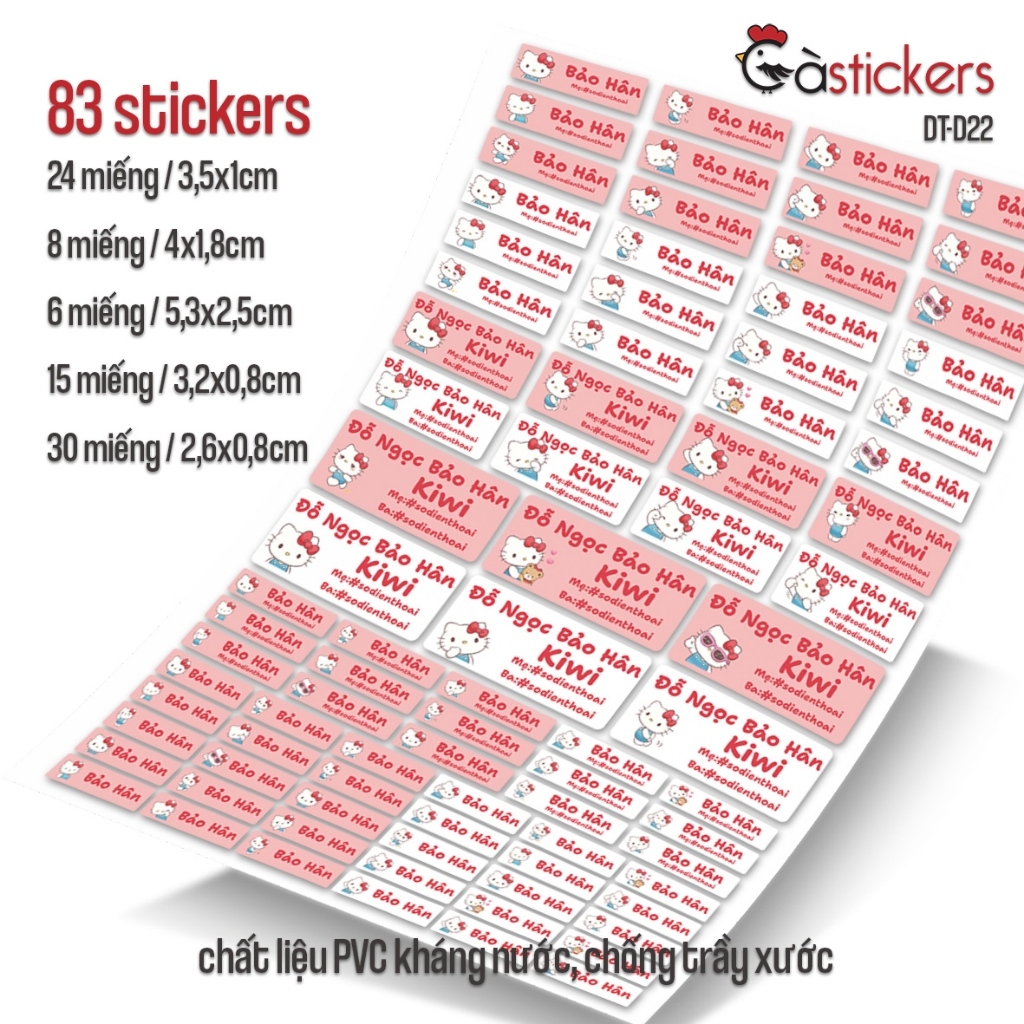 Bộ 83 sticker dán in tên bé - dán đồ dùng cá nhân cho bé mẫu giáo, mầm non, tiểu học - sticker dán độ bền cao kháng nước