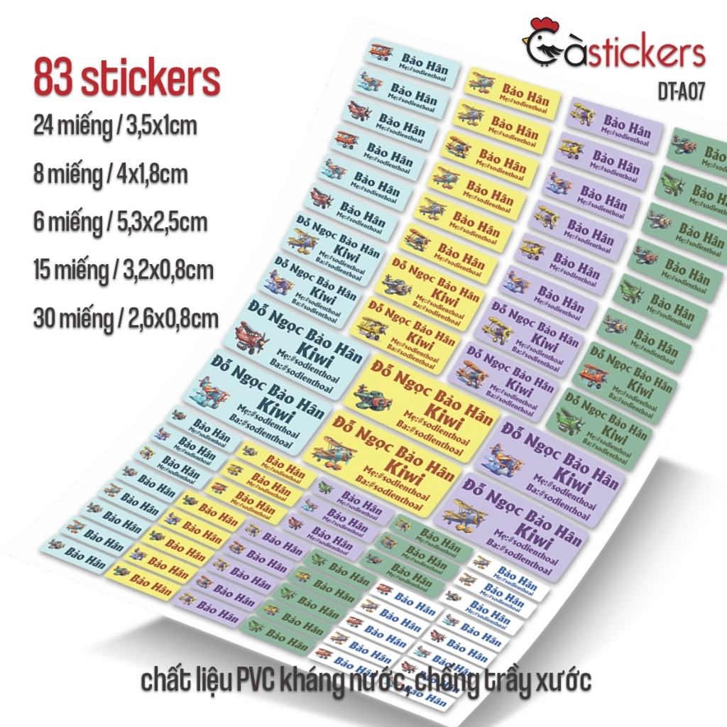 Bộ 83 sticker dán in tên bé - dán đồ dùng cá nhân cho bé mẫu giáo, mầm non, tiểu học - sticker dán độ bền cao kháng nước