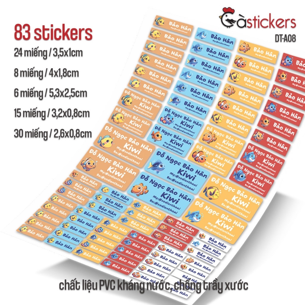 Bộ 83 sticker dán in tên bé - dán đồ dùng cá nhân cho bé mẫu giáo, mầm non, tiểu học - sticker dán độ bền cao kháng nước