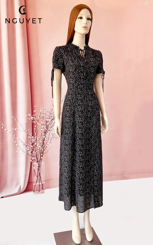 Váy Đầm Maxi Hoa Nhí Cổ Nơ Tiểu Thư Tay Dài Chất Voan Tơ Lụa V0021 Màu Nude  Đen AĐ BOUTIQUE - Đầm maxi | ThờiTrangNữ.vn