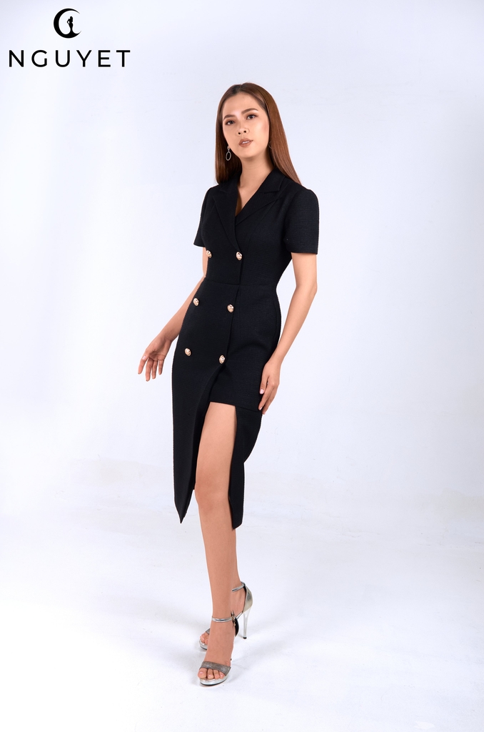 Váy vest đen ngắn tay phối lông JADEITE TH – Hizu Dress Up