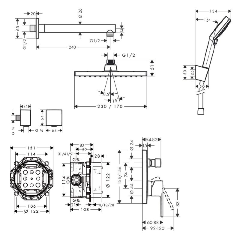 Sen Tắm Âm Tường Hansgrohe Vernis Shape concealed shower system with overhead shower 230 and iBox.