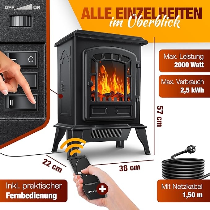 Lò sưởi điện Kesser® Electric Fireplace with Fan Heater 2000W, Màu đen