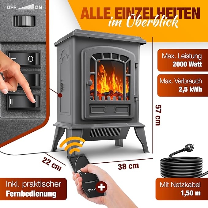 Lò sưởi điện Kesser® Electric Fireplace with Fan Heater 2000W , Màu Xám