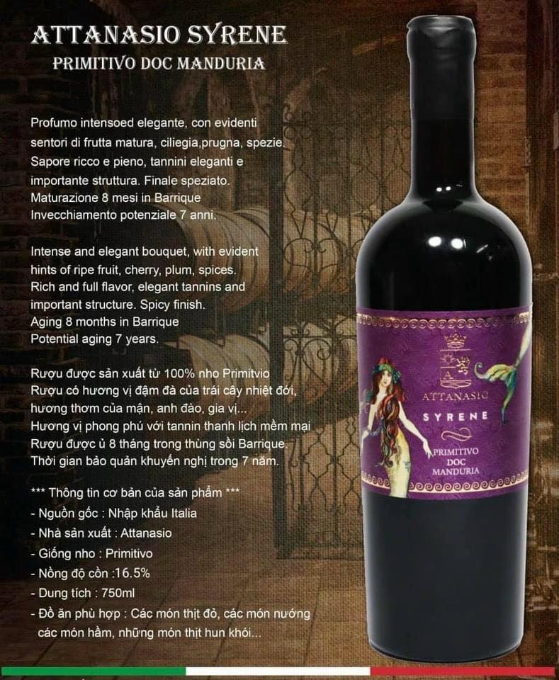 Rượu vang Ý Attanasio Syrene 16,5%