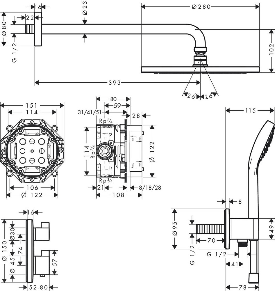 Sen tắm âm tường Hansgrohe Croma Duschsystem Unterputz 280 1jet mit Ecostat S