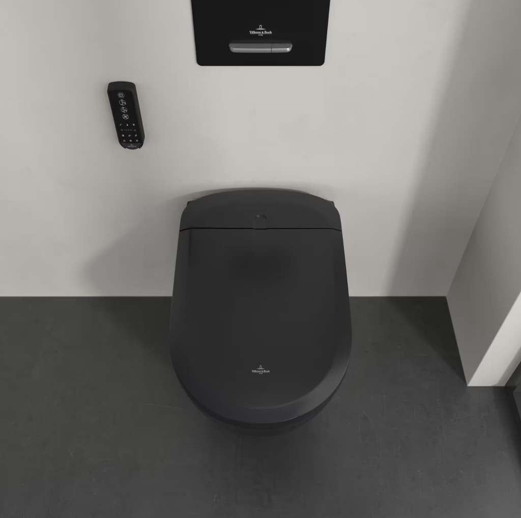 Combo Bồn cầu điện tử treo tường Villeroy & Boch ViClean Supreo Select Black+ két âm + mặt nhấn xả cảm ứng