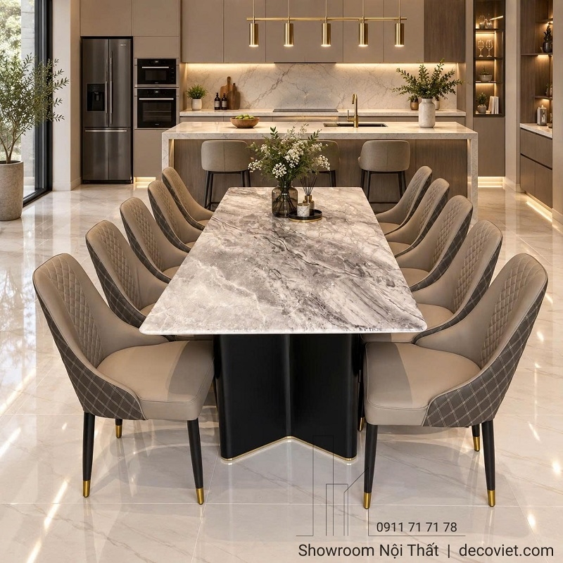 Bàn Ăn Chân Gỗ Mặt Đá 10 Ghế 3043S
