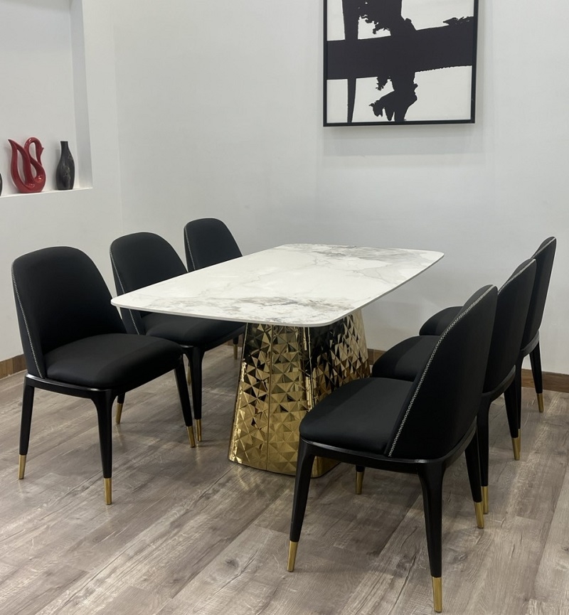 Bàn Ăn 6 Ghế Chân Inox Mặt Đá 1607S