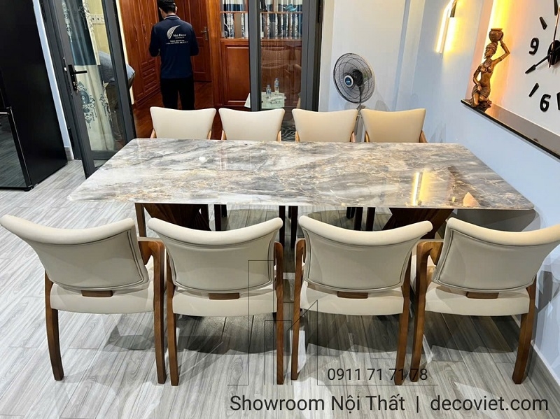 Bàn Ăn Chân Gỗ Mặt Đá 8 Ghế 2465S