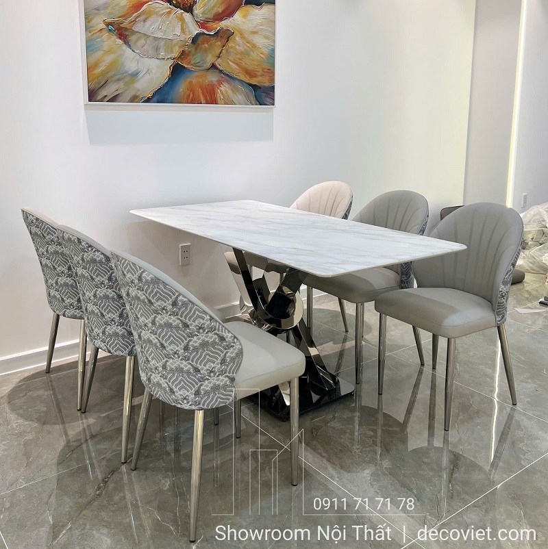 Bàn Ăn Chân Inox Mặt Đá 6 Ghế 2789S