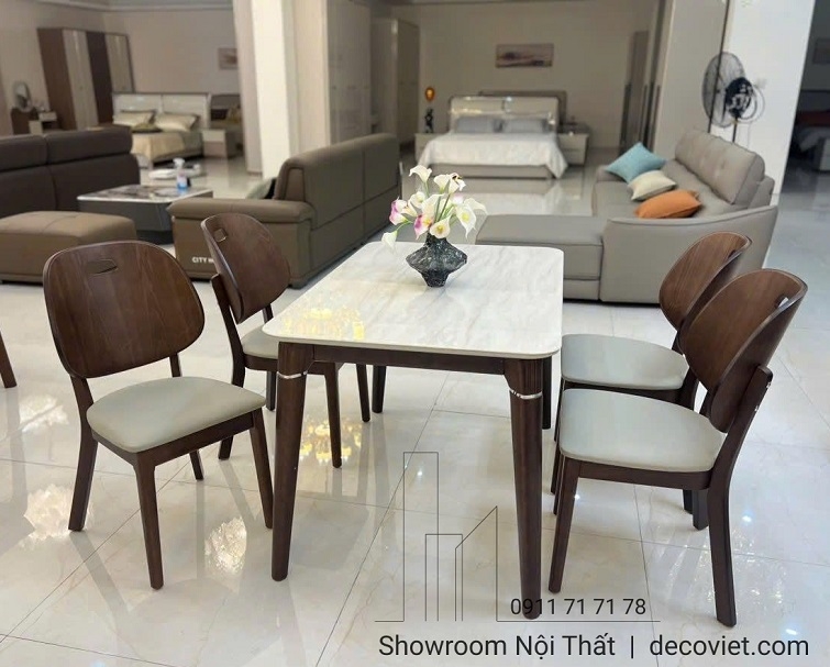 Bàn Ăn Mặt Đá Chân Gỗ 4 Ghế 2744S