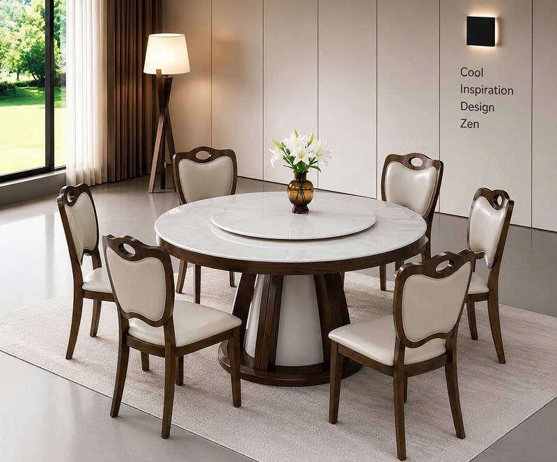 Bàn Ăn Tròn Gỗ Mặt Đá 6 Ghế 3000S
