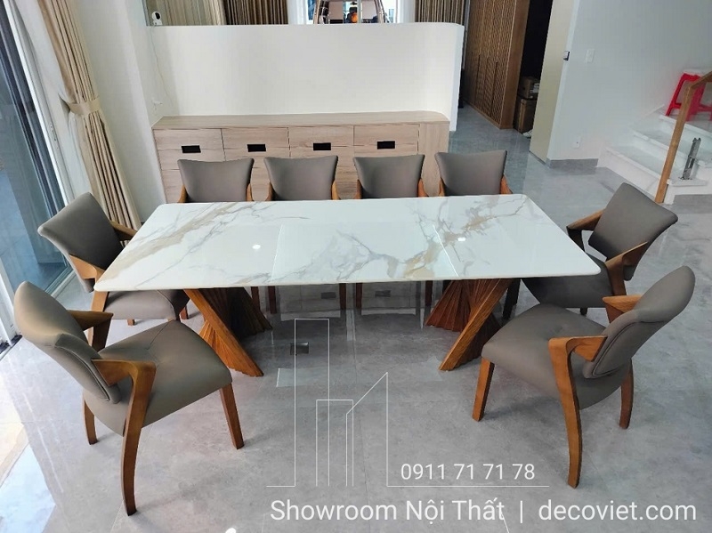 Bộ Bàn Ăn Gỗ 8 Ghế Mặt Đá 2464S