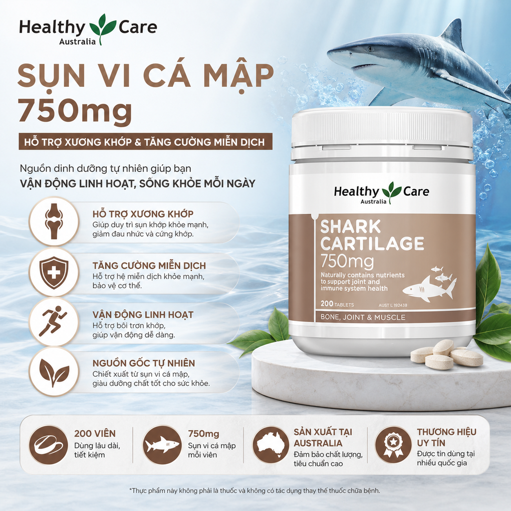 Sụn vi cá Healthy Care shark cartilage 750mg hỗ trợ xương khớp hộp 200 viên