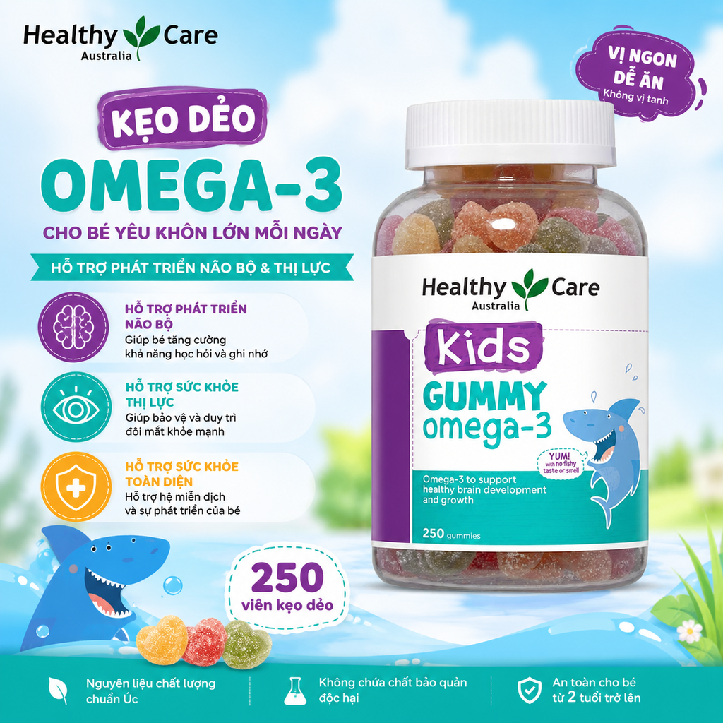 Omega 3 cho bé Healthy Care Kids Gummy Hỗ trợ phát triển trí tuệ toàn diện, tăng cường thị lực, Giúp bé học tập và ghi nhớ tốt hơn (dạng kẹo) 250 viên