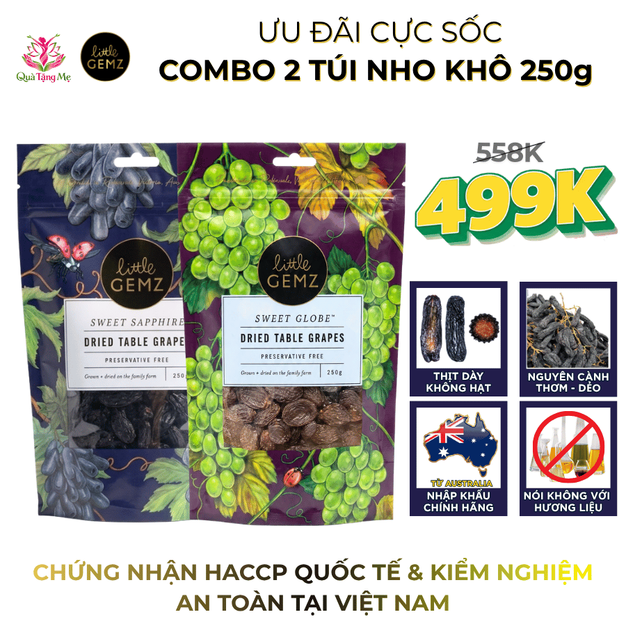 [GIÁ SỐC] - 250g Sapphire + 250g Globe Globe Nho khô nguyên cành Little Gemz Sweet