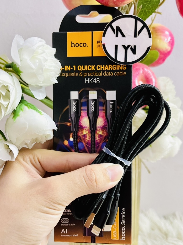 CÁP SẠC NHANH 3A HOCO LOẠI 1 HK48 3 ĐẦU SẠC ĐA NĂNG USB RA 3 ĐẦU MICRO TYPE C IPHONE DÂY DÙ CHỐNG ĐỨT CHÍNH HÃNG (6)