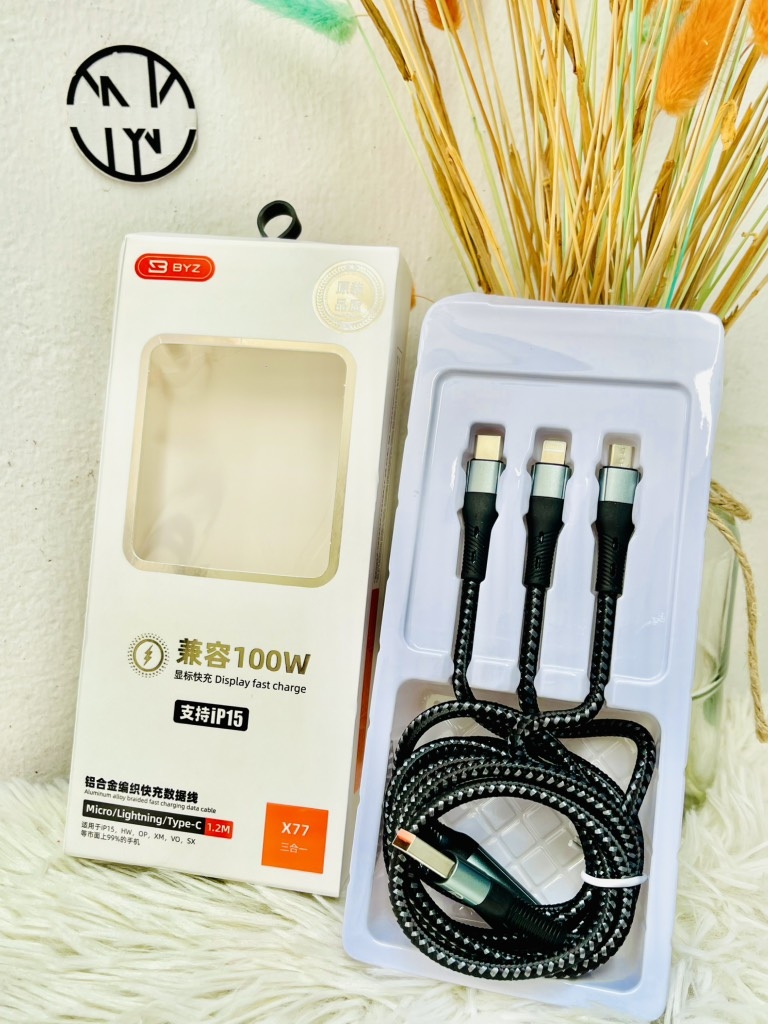 CÁP SẠC NHANH 100W 3 ĐẦU BYZ X77 DÂY DÙ CHÍNH HÃNG DÀI 1.2M (5)