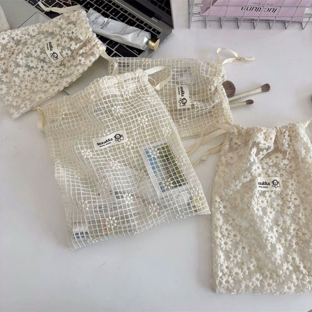 TÚI ĐỰNG MỸ PHẨM DÂY RÚT, TÚI LƯỚI REN HOA SOZAKKA (2)